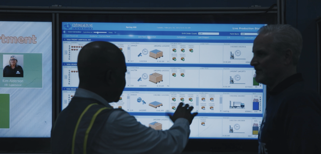 Two men reviewing a warehouse management system on a monitor